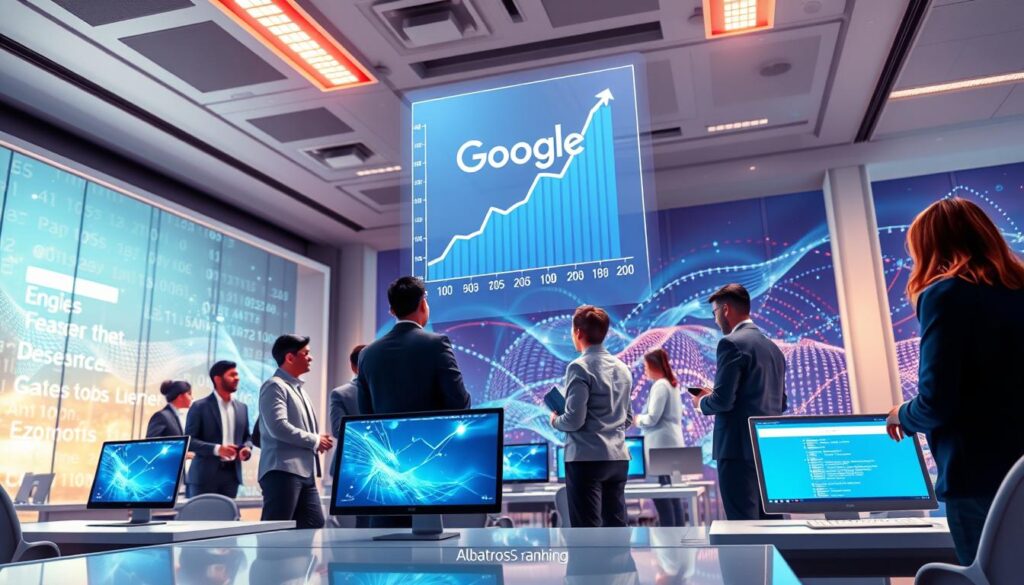 A digital illustration of "Google Ranking" that features a futuristic, high-tech office environment. In the foreground, a diverse group of professional individuals in business attire engages around a large holographic display showcasing a rising graph and keywords related to SEO. The middle layer highlights sleek, modern desks with computer monitors displaying Google search results, while a vibrant digital landscape of abstract data points and algorithms flows in the background, representing the vast internet. Bright, soft lighting casts a motivational atmosphere, with a focus on collaboration and innovation. The mood is one of determination and success, emphasizing the importance of Search Engine Optimization for business growth. Incorporate the brand name "Albatross IT Bangladesh" subtly within the digital interface to reinforce the context.