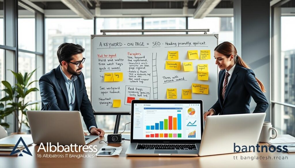A digital workspace illustrating essential on-page optimization techniques for SEO. In the foreground, a diverse group of three professionals—two men and one woman—dressed in smart business attire, collaboratively discussing a laptop displaying a colorful graph and web page layout. In the middle, a large whiteboard showcases colorful diagrams of keyword placement, meta tags, and headings, with sticky notes highlighting important strategies. The background features a modern office setting with large windows allowing natural light, creating an uplifting atmosphere. The overall mood is focused and productive. The image incorporates elements like laptops, charts, and SEO icons. Albatross IT Bangladesh logo subtly integrated into the design, emphasizing a professional yet innovative approach to boosting online visibility.
