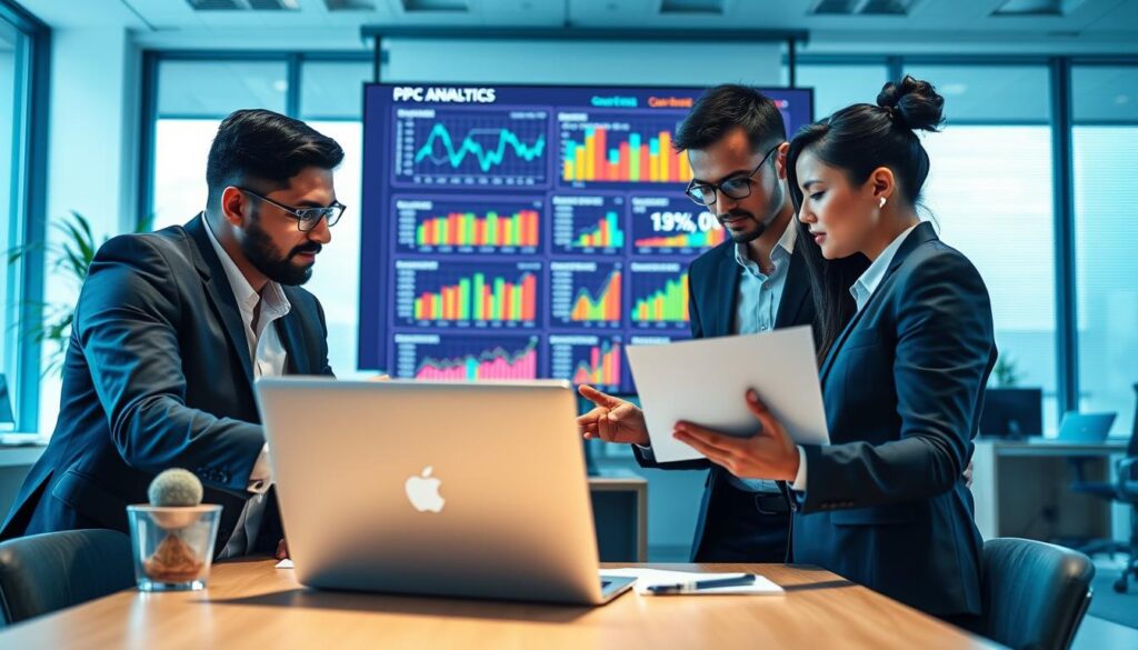 A dynamic and engaging office scene showcasing the concept of PPC advertising campaign optimization. In the foreground, a diverse group of three professionals in smart business attire are deeply engaged in discussions around digital marketing strategies, analyzing graphs and charts on a sleek laptop. The middle ground features a large digital screen displaying vibrant PPC analytics data with colorful graphs highlighting key metrics such as clicks, conversions, and ROI. In the background, a well-organized workspace with modern furnishings and soft, natural lighting creates a productive and collaborative atmosphere. The mood is focused and innovative, capturing the essence of driving traffic and conversions in an effective PPC advertising campaign. Include subtle branding elements of "Albatross IT Bangladesh" in the environment, enhancing the professional setting.