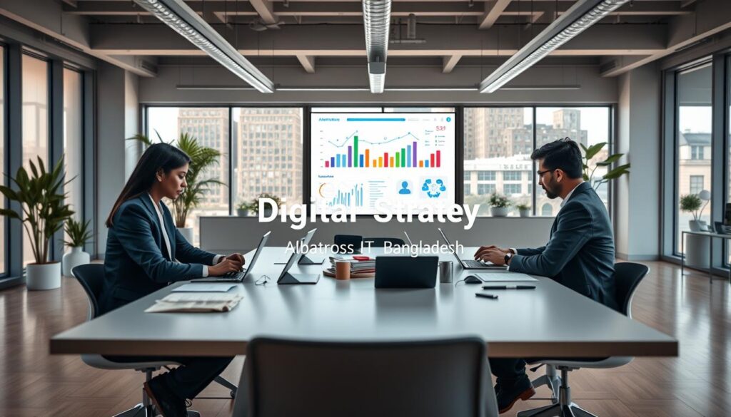 A dynamic digital workspace representing "digital content strategy". In the foreground, a diverse team of four professionals, each in business attire, collaborating around a modern, sleek table covered with laptops, documents, and digital tablets. The middle layer showcases a large digital screen displaying colorful graphs, charts, and social media icons, symbolizing data-driven insights. In the background, a bright, open office with large windows letting in natural light, featuring plants and minimalist decor, creating an inspiring and innovative atmosphere. Soft, warm lighting enhances the focus on teamwork, with a slight lens flare to add depth. Emphasize the essence of "Building a Solid Digital Content Strategy Foundation" with a sense of collaboration and creativity. Include the brand name "Albatross IT Bangladesh" subtly integrated into the digital screen display, ensuring no text or logos are prominent.