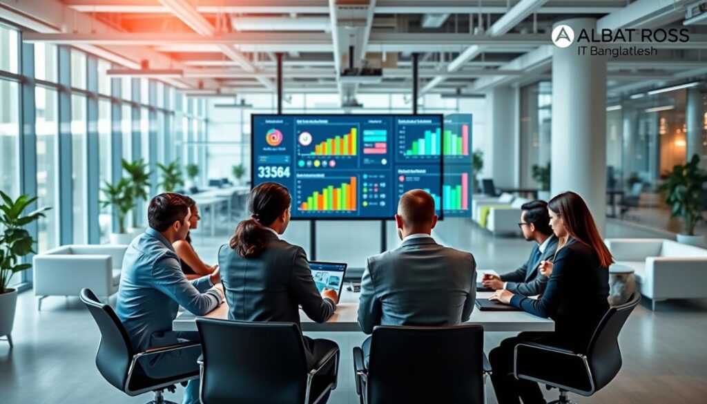 A dynamic digital workspace showcasing advanced social media advertising strategies. In the foreground, a diverse group of professionals in smart business attire collaborate around a modern conference table, analyzing colorful charts and graphs on digital devices. The middle ground features a large screen displaying vibrant social media campaign metrics and performance optimization visuals, such as engagement rates and audience demographics. The background is an open-plan office filled with sleek furniture and large windows that let in natural light, creating a bright and inspiring atmosphere. The overall mood is energetic and focused, emphasizing teamwork and innovation, with a subtle branding element representing "Albatross IT Bangladesh".
