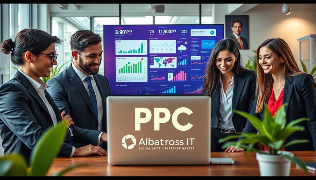 A dynamic digital workspace showcasing the concept of pay-per-click (PPC) advertising. In the foreground, a diverse group of three professionals—one male and two females—dressed in smart business attire, are engaged in a discussion over a laptop displaying PPC analytics. The middle ground features a large digital screen filled with colorful graphs, metrics, and PPC ad samples, highlighting clicks and conversions. The background showcases a modern office environment with vibrant plants, large windows allowing natural light, and digital marketing posters on the walls. The atmosphere is energetic and collaborative, capturing the essence of business success and the impact of PPC advertising. The branding "Albatross IT Bangladesh" is subtly integrated into the digital elements, emphasizing a focus on local expertise. The overall mood is optimistic and professional. A dynamic digital workspace showcasing the concept of pay-per-click (PPC) advertising. In the foreground, a diverse group of three professionals—one male and two females—dressed in smart business attire, are engaged in a discussion over a laptop displaying PPC analytics. The middle ground features a large digital screen filled with colorful graphs, metrics, and PPC ad samples, highlighting clicks and conversions. The background showcases a modern office environment with vibrant plants, large windows allowing natural light, and digital marketing posters on the walls. The atmosphere is energetic and collaborative, capturing the essence of business success and the impact of PPC advertising. The branding "Albatross IT Bangladesh" is subtly integrated into the digital elements, emphasizing a focus on local expertise. The overall mood is optimistic and professional.