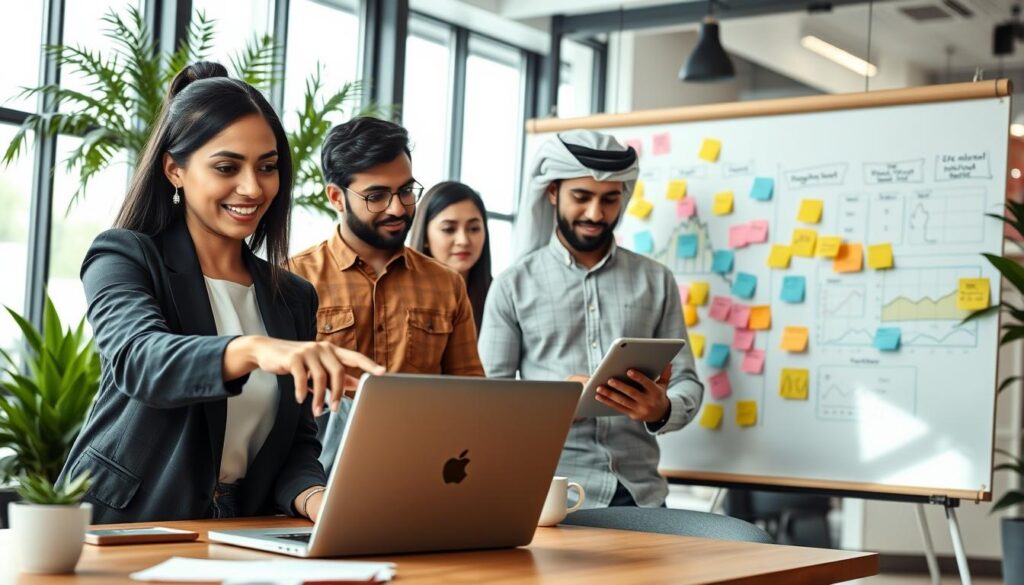 A dynamic office environment showcasing a diverse group of professionals collaborating on a social media marketing strategy. In the foreground, a confident South Asian woman in smart casual attire points to a digital marketing dashboard displayed on a laptop, while a Middle-Eastern man reviews analytics on a tablet nearby. The middle section includes a large whiteboard filled with colorful sticky notes and charts representing social media platforms, engagement metrics, and growth strategies. The background features modern office decor with plants and large windows that let in natural light, creating an inviting atmosphere. The overall mood is energetic and focused, emphasizing teamwork and creativity in developing effective social media strategies. Incorporate the brand "Albatross IT Bangladesh" subtly in the workspace.