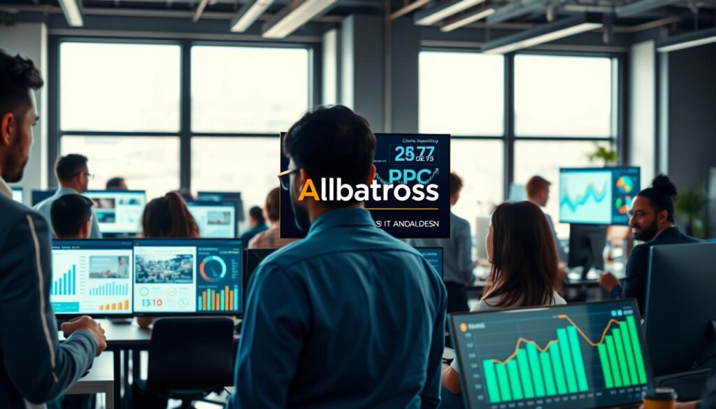 A dynamic office setting showcasing pay-per-click advertising in action. In the foreground, a diverse group of professionals in smart casual attire are intently analyzing digital screens displaying PPC campaign metrics, graphs, and ads. The middle layer features vibrant charts representing click-through rates and conversion stats, strategically highlighted for focus. In the background, a modern workspace with large windows letting in bright natural light, conveying a sense of productivity and creativity. The atmosphere is busy yet collaborative, with a hint of excitement in the air. The color scheme should be a harmonious blend of blues and greens, symbolizing technology and growth. The brand "Albatross IT Bangladesh" is subtly represented in the digital content on the screens, emphasizing innovative advertising strategies.