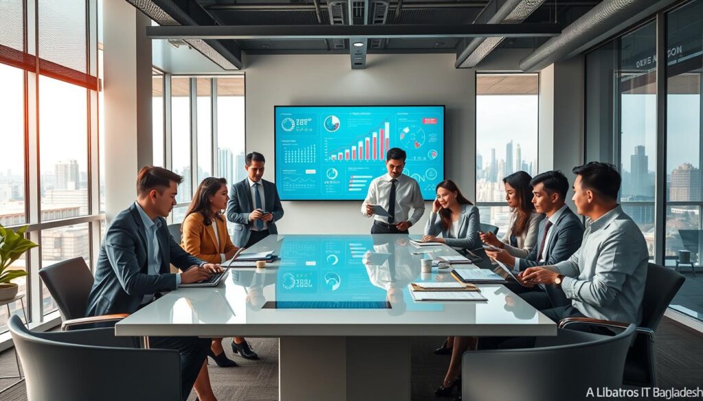 A modern office environment illustrating a content marketing strategy in action. In the foreground, a diverse group of professionals in business attire collaborate around a sleek conference table, engaging with digital devices and notebooks. The middle ground features a large screen displaying vibrant infographics and analytics, symbolizing data-driven decision-making. In the background, large windows allow natural light to flood the room, with a skyline view of a bustling city, conveying a sense of growth and opportunity. The atmosphere is dynamic and innovative, with a color palette of blues and greens promoting a sense of trust and energy. This scene reflects the essence of Albatross IT Bangladesh, embodying the potential of content marketing to drive business growth.