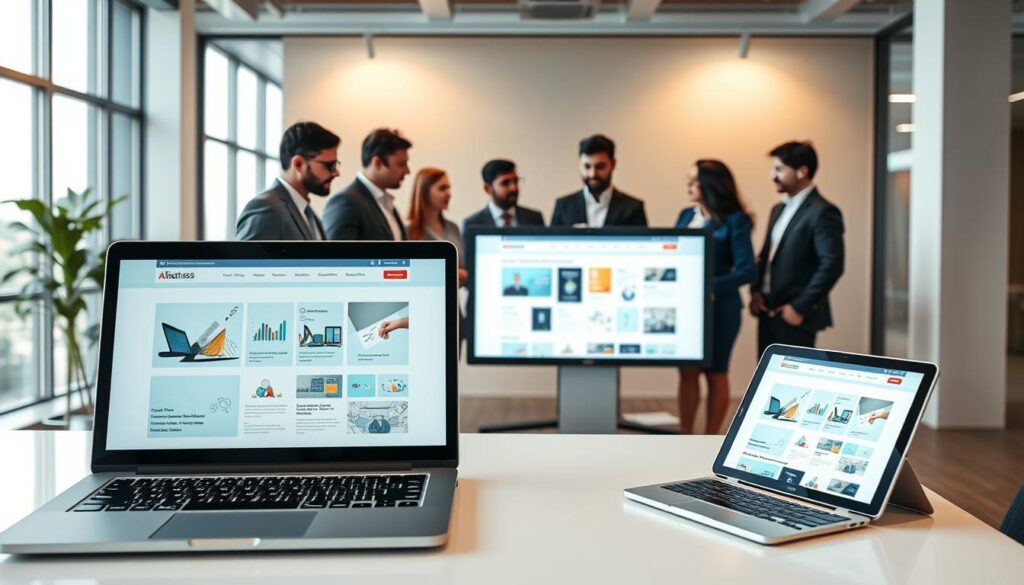 A modern office environment showcasing responsive web design in action. In the foreground, a clean, sleek desk with a laptop open, displaying an adaptive website layout across various screen sizes (desktop, tablet, mobile). A diverse team of professionals in business attire collaborates, discussing design concepts and user interfaces. The middle ground features a large digital display showing infographics related to web development services. The background contains large windows with natural light streaming in, creating an inviting atmosphere. Soft ambient lighting enhances the professionalism of the scene. The overall mood conveys innovation and teamwork, representing "Albatross IT Bangladesh" as a leader in comprehensive web development services.