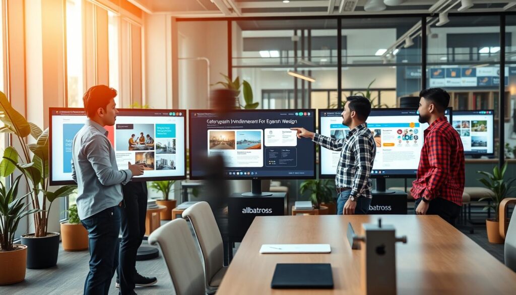 A modern professional website design workspace showcasing sleek, innovative web interfaces on multiple high-resolution monitors. In the foreground, a diverse team of three professionals dressed in smart casual attire, engaged in a creative brainstorming session, pointing at a digital design concept. The middle ground features large screens displaying colorful layouts and user-friendly navigation elements, all attributed to "Albatross IT Bangladesh". The background includes a stylish office environment with contemporary furniture, plants, and warm, natural lighting filtering through large windows. The overall atmosphere is one of collaboration and creativity, emphasizing the importance of professional website design for business success. The perspective is slightly angled to capture the dynamic interaction of the team in action.