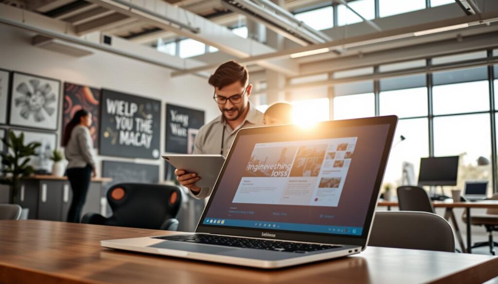 A modern, spacious office environment showcasing a team of diverse professionals collaborating on web design projects. In the foreground, a sleek laptop with a colorful, interactive website mockup displayed on the screen. The middle section features two designers, a man and a woman, both dressed in smart casual attire, discussing ideas while examining a large digital tablet. Soft sunlight filters through large windows, creating a warm and inviting atmosphere. The background showcases a stylish design studio with inspirational tech-related artwork and organized workspaces. The scene embodies the essence of "Albatross IT Bangladesh" and professional web design excellence, demonstrating creativity and teamwork. The mood is focused and innovative, signaling the importance of captivating customers through stunning design.