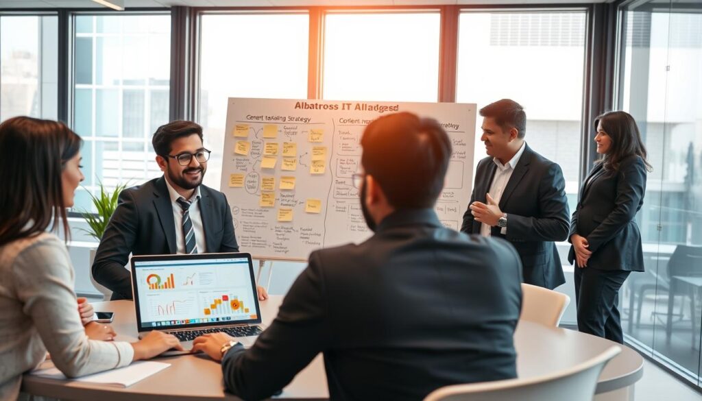 A professional business meeting scene set in a modern office environment, showcasing a diverse group of people collaborating on a content marketing strategy. In the foreground, two professionals in smart business attire are engaged in a lively discussion, with a laptop displaying analytics and content ideas. In the middle, a large whiteboard filled with diagrams and post-it notes outlines the elements of effective content marketing strategies, prominently featuring the logo of "Albatross IT Bangladesh". The background reveals floor-to-ceiling windows letting in natural light, casting a warm and inviting glow over the room. The atmosphere is dynamic and innovative, reflecting teamwork and creativity. Capture this scene with a wide-angle lens for depth and clarity.