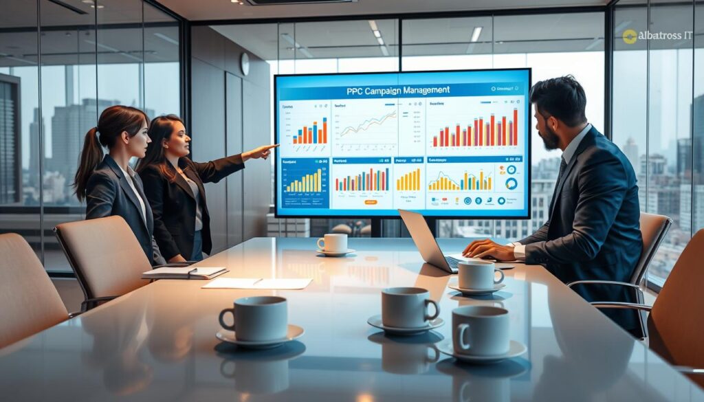 A professional workspace depicting a strategic PPC campaign management scene, focusing on a diverse team of three individuals analyzing data on a large screen displaying PPC metrics and graphs. In the foreground, a woman wearing business attire points at the screen, while a man in smart casual clothing takes notes on a laptop. In the middle ground, display colorful charts and graphs symbolizing campaign performance, alongside a notepad and coffee mugs scattered on a sleek conference table. The background shows glass walls with a cityscape view, emphasizing a modern office environment. Soft, warm lighting creates a focused, collaborative atmosphere, conveying the essence of success in digital advertising, with the name "Albatross IT Bangladesh" subtly indicated on a visible screen. A professional workspace depicting a strategic PPC campaign management scene, focusing on a diverse team of three individuals analyzing data on a large screen displaying PPC metrics and graphs. In the foreground, a woman wearing business attire points at the screen, while a man in smart casual clothing takes notes on a laptop. In the middle ground, display colorful charts and graphs symbolizing campaign performance, alongside a notepad and coffee mugs scattered on a sleek conference table. The background shows glass walls with a cityscape view, emphasizing a modern office environment. Soft, warm lighting creates a focused, collaborative atmosphere, conveying the essence of success in digital advertising, with the name "Albatross IT Bangladesh" subtly indicated on a visible screen.
