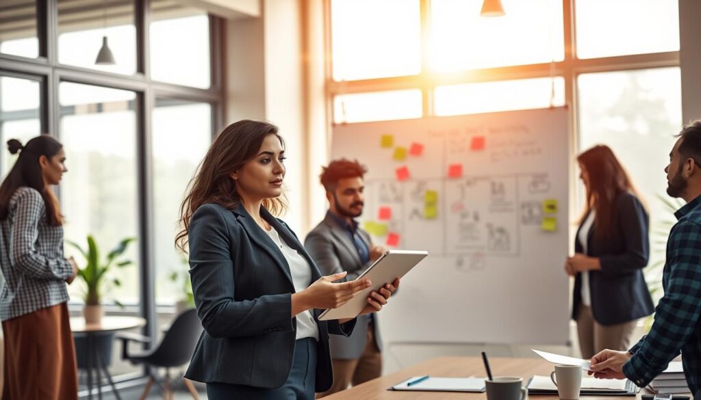 A serene office setting that embodies brand storytelling, featuring a diverse group of professionals engaging in a creative brainstorming session. In the foreground, a confident woman in a smart business outfit passionately shares her ideas, while a thoughtful man listens intently, taking notes on a digital tablet. The middle layer showcases a large whiteboard filled with colorful sketches and sticky notes, symbolizing the dynamic exchange of ideas. In the background, warm sunlight filters through large windows, illuminating the space and creating an inspiring atmosphere. The overall mood is collaborative and innovative, emphasizing authenticity and connection in content marketing. This image represents "Albatross IT Bangladesh" in the context of mastering content marketing strategies through genuine storytelling.