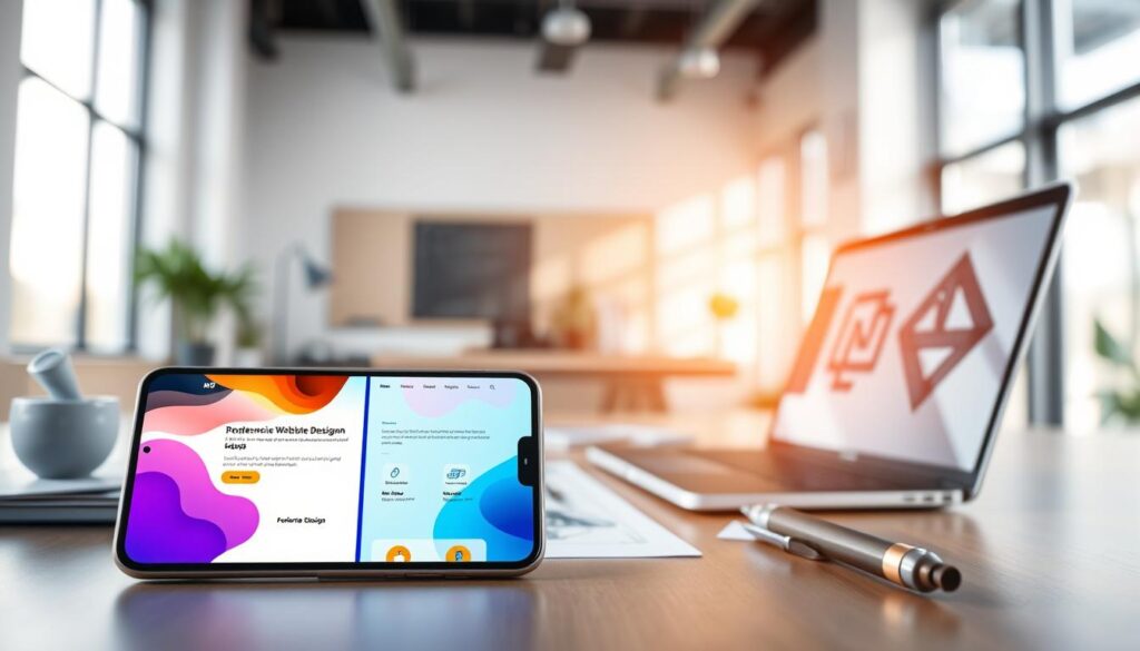 A sleek mobile device displaying a vibrant, responsive website design with dynamic elements. In the foreground, a smartphone tilts slightly to showcase an interactive landing page seamlessly adapting to different screen sizes. The middle ground features a clean workspace with a modern laptop and design sketches, emphasizing professional web design. In the background, soft focus hints of a contemporary office space with light streaming through large windows creating a bright, welcoming atmosphere. The scene is illuminated with natural lighting to evoke a sense of innovation and professionalism. The overall mood is inspiring and modern, aligning with the essence of meticulous website crafting by Albatross IT Bangladesh. A sleek mobile device displaying a vibrant, responsive website design with dynamic elements. In the foreground, a smartphone tilts slightly to showcase an interactive landing page seamlessly adapting to different screen sizes. The middle ground features a clean workspace with a modern laptop and design sketches, emphasizing professional web design. In the background, soft focus hints of a contemporary office space with light streaming through large windows creating a bright, welcoming atmosphere. The scene is illuminated with natural lighting to evoke a sense of innovation and professionalism. The overall mood is inspiring and modern, aligning with the essence of meticulous website crafting by Albatross IT Bangladesh.