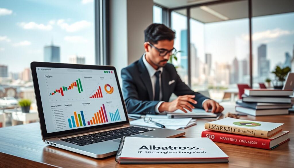 A visually engaging digital workspace symbolizes "SEO Fundamentals" featuring a focus on search engine optimization. In the foreground, an open laptop displays colorful graphs and SEO analytics. A professional individual in smart business attire works intently, surrounded by notes and documents that illustrate keywords and strategies. The middle ground showcases a vibrant, organized desk with marketing books and a potted plant, radiating a productive atmosphere. In the background, a window reveals a bustling city skyline, suggesting growth and opportunity. Bright, natural lighting floods the scene, creating an inspiring and motivating ambiance, emphasizing the importance of SEO. The overall mood conveys professionalism, innovation, and digital prowess, branded subtly with “Albatross IT Bangladesh” on a visible notepad.
