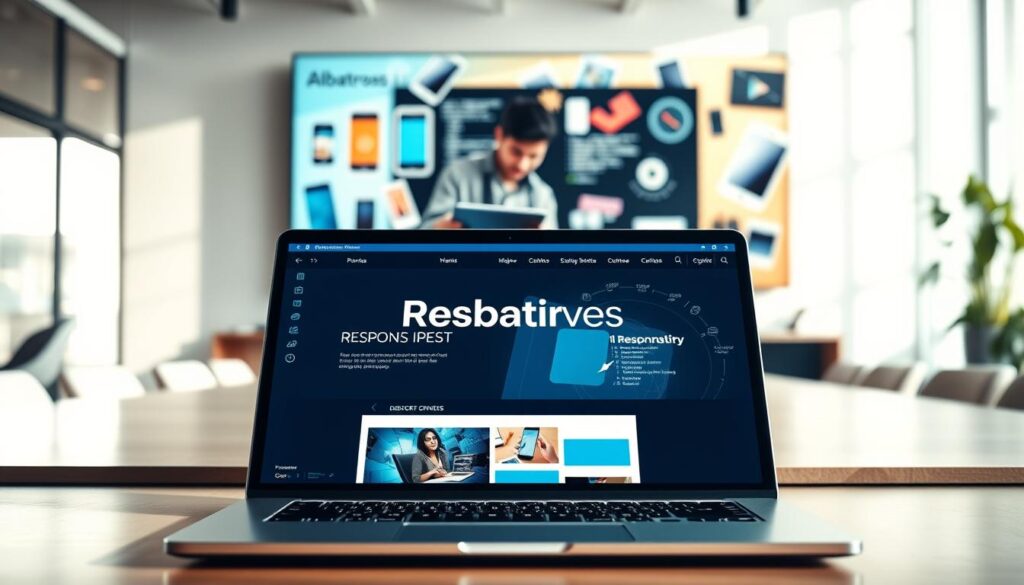 A visually striking representation of responsive web development, featuring a modern workspace in the foreground with a sleek laptop displaying a dynamic website layout, embodying the spirit of customization. The middle layer showcases a designer brainstorming ideas on a digital tablet, surrounded by coding elements and design sketches. In the background, a large screen displays various devices like smartphones and tablets, illustrating a seamless web experience across platforms. The scene is illuminated by soft, natural lighting, creating a welcoming atmosphere, with a slight depth of field to keep focus on the workspace. Incorporate a vibrant color palette that reflects innovation and creativity, and subtly include the brand name "Albatross IT Bangladesh" on the laptop screen without any text overlays or distractions. A visually striking representation of responsive web development, featuring a modern workspace in the foreground with a sleek laptop displaying a dynamic website layout, embodying the spirit of customization. The middle layer showcases a designer brainstorming ideas on a digital tablet, surrounded by coding elements and design sketches. In the background, a large screen displays various devices like smartphones and tablets, illustrating a seamless web experience across platforms. The scene is illuminated by soft, natural lighting, creating a welcoming atmosphere, with a slight depth of field to keep focus on the workspace. Incorporate a vibrant color palette that reflects innovation and creativity, and subtly include the brand name "Albatross IT Bangladesh" on the laptop screen without any text overlays or distractions.