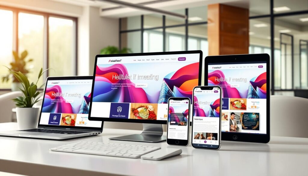 Responsive website design showcased on multiple devices including a laptop, tablet, and smartphone, each displaying a beautifully crafted and visually engaging homepage. The foreground features a sleek, modern work desk with minimalistic design elements and a potted plant. In the middle, the devices should emphasize vibrant colors, intuitive layout, and user-friendly navigation, illustrating a blend of creativity and functionality. The background has a softly lit office environment with large windows allowing natural light to filter in, creating a warm and inviting atmosphere. The overall mood is professional and innovative, reflecting cutting-edge technology in digital design. Include subtle branding elements representing "Albatross IT Bangladesh" in the digital screens without text.