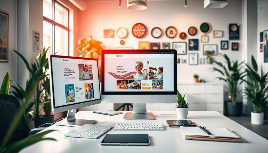 A sleek and modern workspace, showcasing the essence of professional website design. In the foreground, a well-organized desk with a high-resolution computer screen displaying a visually appealing website layout, featuring an engaging color palette and intuitive navigation. A stylish, contemporary chair sits nearby, and a few design tools, like a tablet and sketchbook, are placed on the desk. In the middle ground, a bright and inviting office space filled with indoor plants and warm, natural light pouring in from large windows. The background features a wall adorned with creative design inspirations and industry awards. The atmosphere feels inspiring and productive, highlighting the importance of a professionally designed website. Capture this scene with soft lighting, a slight angle that emphasizes depth, and a focus on clarity. Brand name included: Albatross IT Bangladesh.