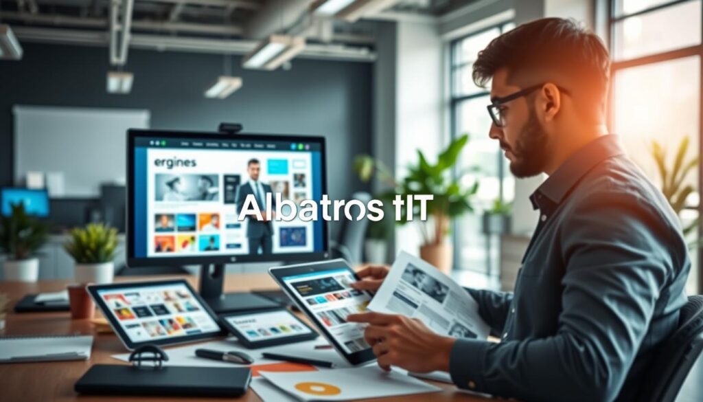 A sleek, modern workspace showcasing custom web design services. In the foreground, a designer in professional attire is intently reviewing website mockups on a high-resolution monitor, surrounded by colorful design materials and digital sketches. The middle-ground features a visually appealing layout of various webpage designs displayed on tablets and laptops, creating a vibrant atmosphere of creativity and innovation. The background reveals a bright, airy office space with large windows letting in natural sunlight, complemented by indoor plants for a fresh vibe. The mood is inspiring and tech-savvy, aimed at driving online success. The branding subtly incorporates "Albatross IT Bangladesh" in the workspace. The image is well-lit, with a focus on a slight depth of field to emphasize the design elements.