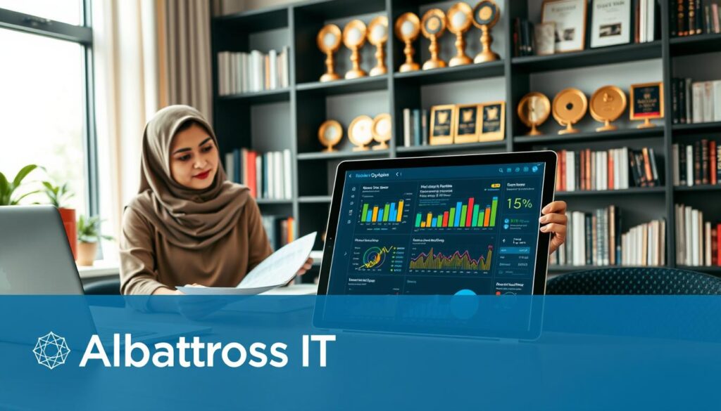 A creative workspace featuring a modern desk with a sleek laptop displaying website analytics, emphasizing SEO optimization. In the foreground, a professional businesswoman in modest attire reviews design mockups. In the middle, a digital tablet shows colorful graphs and charts illustrating website performance metrics. The background is filled with shelves of books and awards related to web design and digital marketing, with a large window letting in soft, natural light, creating an inviting atmosphere. The mood is focused and innovative, reflecting the theme of professional website design services. The overall scene subtly integrates the brand name "Albatross IT Bangladesh" as part of a design visual without any text.