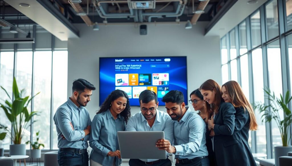 A modern and sleek office environment showcasing user experience in web development. In the foreground, a diverse group of professionals in business attire collaborate over a laptop, their expressions focused and engaged. The middle scene illustrates a large screen displaying intuitive web design mockups, with vibrant colors and user-friendly interfaces. Bright natural light filters through large windows, creating an inviting atmosphere. The background features contemporary design elements like plants and minimalist furniture, emphasizing a productive workspace. Capture this scene with a slightly elevated angle to provide a dynamic perspective, enhancing the essence of innovation and expertise. The overall mood is positive and forward-thinking, reflecting the dedication of Albatross IT Bangladesh to exceptional web development services.
