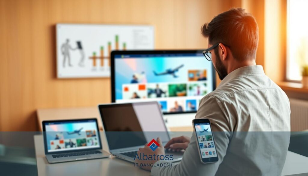 A modern, responsive website design showcased on multiple devices, including a laptop, tablet, and smartphone, all displaying the same vibrant, user-friendly interface. The foreground features a designer in professional attire, focused on a laptop screen displaying an engaging website layout. The middle ground highlights the various devices, each showcasing elements like smooth navigation, colorful images, and interactive features. In the background, a sleek office environment with soft natural lighting creates an inviting and productive atmosphere. The scene is set with a warm color palette, promoting a sense of creativity and professionalism. Elements of branding, including the logo for "Albatross IT Bangladesh," are subtly integrated into the website design, emphasizing the importance of captivating design for business success. A modern, responsive website design showcased on multiple devices, including a laptop, tablet, and smartphone, all displaying the same vibrant, user-friendly interface. The foreground features a designer in professional attire, focused on a laptop screen displaying an engaging website layout. The middle ground highlights the various devices, each showcasing elements like smooth navigation, colorful images, and interactive features. In the background, a sleek office environment with soft natural lighting creates an inviting and productive atmosphere. The scene is set with a warm color palette, promoting a sense of creativity and professionalism. Elements of branding, including the logo for "Albatross IT Bangladesh," are subtly integrated into the website design, emphasizing the importance of captivating design for business success.