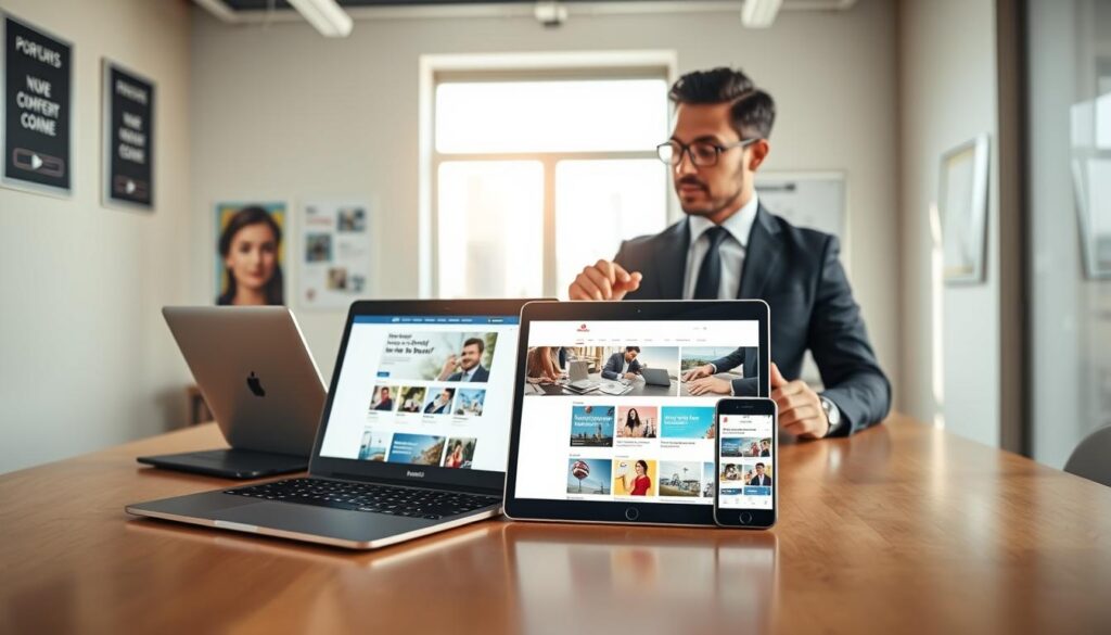 A sleek and modern office space showcasing a responsive website design on multiple devices including a laptop, tablet, and smartphone. The devices are placed on a stylish wooden desk, reflecting a minimalist aesthetic. In the foreground, a professional individual in smart business attire is engaged in a discussion, pointing at the tablet screen displaying a colorful, dynamic layout. The middle ground features a bright window with natural light pouring in, illuminating the workspace and creating a warm, inviting atmosphere. In the background, soft-focus elements include a vibrant cityscape visible through the window and motivational posters on the wall. The overall mood is innovative and inspiring, ideal for conveying the core elements of powerful website design. Albatross IT Bangladesh branding subtly integrated into the design. A sleek and modern office space showcasing a responsive website design on multiple devices including a laptop, tablet, and smartphone. The devices are placed on a stylish wooden desk, reflecting a minimalist aesthetic. In the foreground, a professional individual in smart business attire is engaged in a discussion, pointing at the tablet screen displaying a colorful, dynamic layout. The middle ground features a bright window with natural light pouring in, illuminating the workspace and creating a warm, inviting atmosphere. In the background, soft-focus elements include a vibrant cityscape visible through the window and motivational posters on the wall. The overall mood is innovative and inspiring, ideal for conveying the core elements of powerful website design. Albatross IT Bangladesh branding subtly integrated into the design.