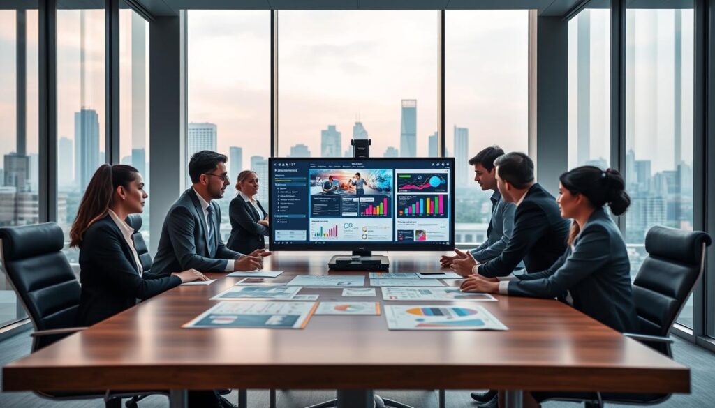 A sleek, modern office environment showcasing the essence of "Albatross IT Bangladesh" with a focus on digital solutions. In the foreground, a diverse team of professionals, dressed in smart business attire, collaborates on a cutting-edge website design project around a large conference table. The middle ground features large monitors displaying visually striking website layouts, colorful graphs, and agile brainstorming notes. In the background, expansive windows reveal a vibrant city skyline, symbolizing growth and connectivity. Soft, diffused natural lighting cascades through the space, creating an inviting atmosphere that inspires creativity and professionalism. The composition is shot from a slight low angle to emphasize teamwork and innovation, embodying the essence of expert digital solutions.