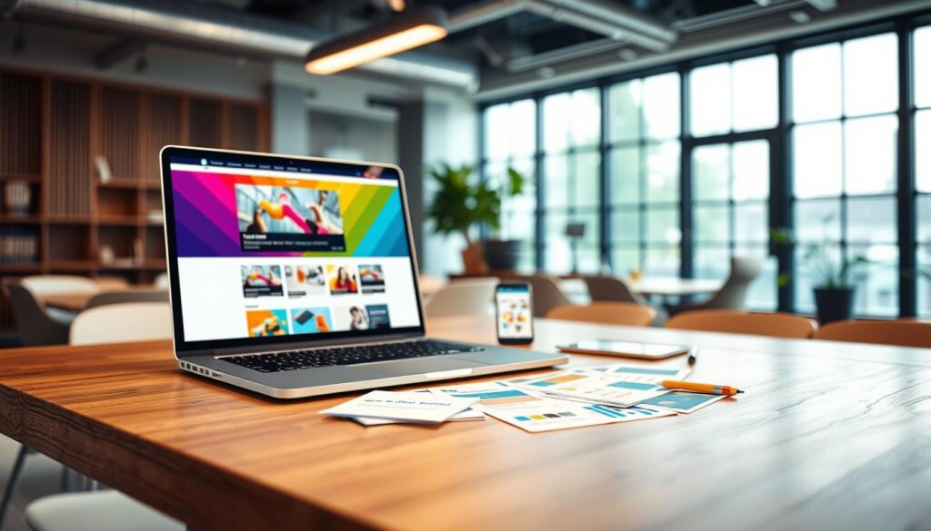 A vibrant scene showcasing responsive web design, featuring a sleek laptop on a modern wooden desk in the foreground. The laptop screen displays a colorful website layout that adapts to various devices like smartphones and tablets, illustrating a seamless user experience. In the middle, there is a roadmap of design elements such as wireframes and color palettes scattered across the desk, embodying the creative process. The background features an office space with large windows letting in natural light, creating a warm, inviting atmosphere. The mood is professional yet innovative, hinting at the expert website design solutions offered by Albatross IT Bangladesh. The scene is captured at a slight angle with a soft focus on the background, emphasizing the laptop and the design elements.